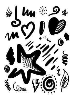 yıldız, kalp, soyut, yapraklar, oklar ve diğer elementler konsept tasarımlar için el yapımı stiller. Karalama çizimi. Dekorasyon için vektör şablonu