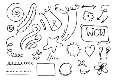 El çizimi karalama tasarımı elementleri, beyaz arka planda siyah. Rüzgar, baskın, vurgu, ok, taç, çizgi. çizim tasarım ögelerini karala.