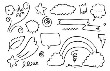 Yapraklar, kalpler, soyut, kurdeleler, oklar ve konsept tasarımlar için el yapımı diğer elementler. Karalama çizimi. Dekorasyon için vektör şablonu