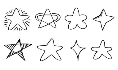 El çizimi yıldızlar hazır. Beyaz arkaplana yıldız karalama koleksiyonu.