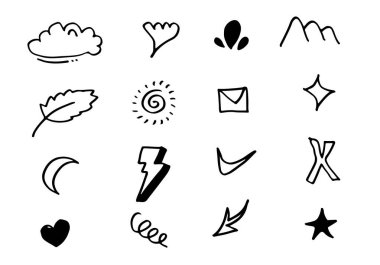 Sevimli el çizimi çizgi çizimi ifade işaretleri. emoticon efektleri tasarım elemanları, çizgi film karakteri duygu simgeleri. Vektör illüstrasyonu.