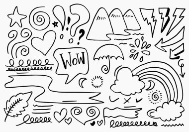 El çizimi karalama tasarımı elementleri, beyaz arka planda siyah. gökkuşağı, vurgu, ok, tepe, çizgi. çizim tasarım ögelerini karala.