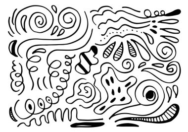 Şekil karalamalarıyla dekoratif soyut. Tasarım konsepti için soyut modern trend vektör çizimi.