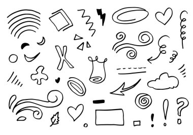 Yapraklar, kalpler, soyut, kurdeleler, oklar ve konsept tasarımlar için el yapımı diğer elementler. Karalama çizimi. Dekorasyon için vektör şablonu