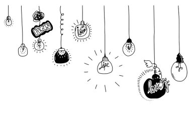 Fikir kavramı ile el çizilmiş ampul simgeleri. Doodle tarzı. Vektör Illustration.
