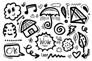 El çizimi çiçek, kalp, bulut, güneş patlaması, elmas, şemsiye, kavram tasarımı için yıldırım.