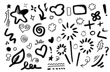 El çizimi elementler, beyaz arka planda siyah. Ok, kalp, aşk, yıldız, yaprak, güneş, ışık, çiçek, taç, kral, kraliçe, Swishes, swoops, vurgu, girdap, kalp, için