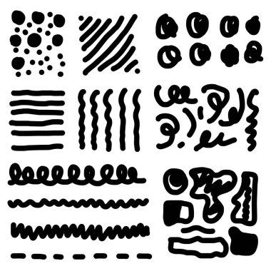 Elle çizilmiş çeşitli şekiller ve karalama nesneleri. vektör illüstrasyonu.