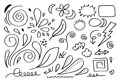 El çizimi karalama tasarımı elementleri, beyaz arka planda siyah. Rüzgar, baskın, vurgu, ok, bulut, çizgi, yaprak. çizim tasarım ögelerini karala