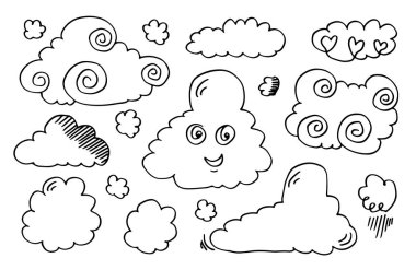 El çizimi bulut koleksiyonu. Düz biçim vektör illüstrasyonu.