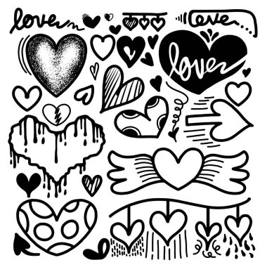 Sevgililer Günü için elle çizilmiş karalamalar. Güzel kalpler ve yazılar koleksiyonu Aşk.