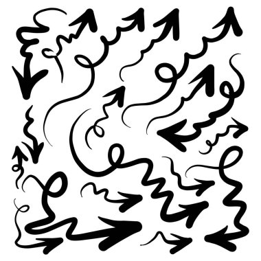 Karalama tasarım elementleri. El çizimleri beyaz arka planda izole edilmiş oklar. Vektör illüstrasyonu.