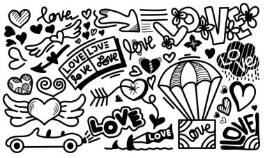 El yapımı düğün unsurlarının vektör seti. Süslü düğün stili elementleri. Oklar, kalp, metin, bayrak ve diğer