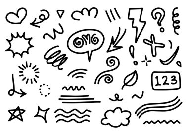 Yapraklar, kalpler, soyut, kurdeleler, oklar ve konsept tasarımlar için el yapımı diğer elementler. Karalama çizimi. Dekorasyon için vektör şablonu