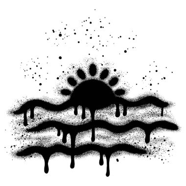 Plaj graffitisinde gün batımında siyah sprey boyayla. vektör illüstrasyonu.