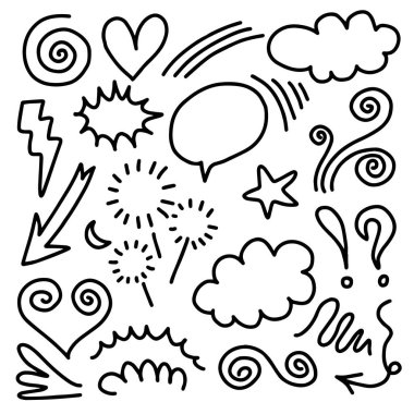 El çizimi element, beyaz arka plan üzerinde siyah ok, kalp, aşk, yıldız, güneş, ışık, çiçek, papatya, taç, kral, kraliçe, swishes, swoops, vurgu, girdap, kalp, konsept tasarım için