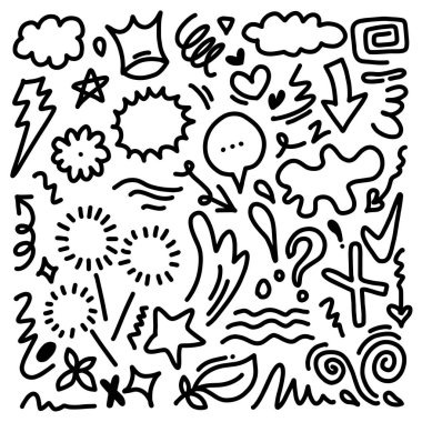 Yapraklar, kalpler, soyut, kurdeleler, oklar ve konsept tasarımlar için el yapımı diğer elementler. Karalama çizimi. Dekorasyon için vektör şablonu