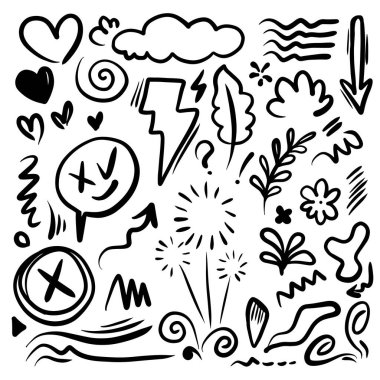 Yapraklar, kalpler, soyut, kurdeleler, oklar ve konsept tasarımlar için el yapımı diğer elementler. Çizim illüstrasyonu.