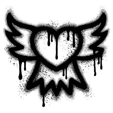 Sprey boyalı Grafiti Kalp Kanatları ikonu Spreyledim. Grafiti kanat sembolünü sever. Üzerinde siyah ve beyaz renkler vardır. Vektör illüstrasyonu.