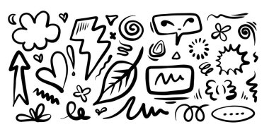 Yapraklar, kalpler, soyut, kurdeleler, oklar ve konsept tasarımlar için el yapımı diğer elementler. Karalama çizimi. Dekorasyon için vektör şablonu