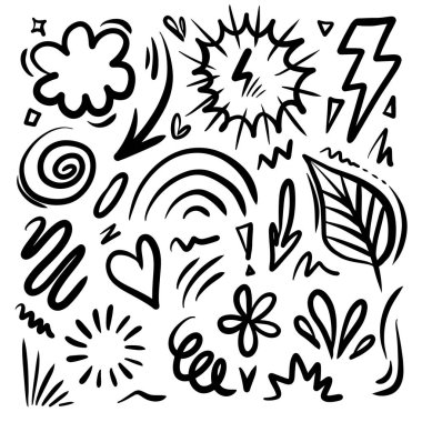 Yapraklar, kalpler, soyut, kurdeleler, oklar ve konsept tasarımlar için el yapımı diğer elementler. Karalama çizimi. Dekorasyon için vektör şablonu