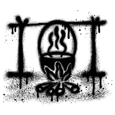 Kamp ateşinde siyah sprey boyayla grafiti tenceresi. vektör illüstrasyonu.