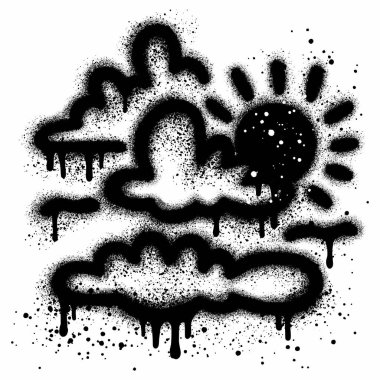 Şehir grafiti tarzında güneşli bulutlar ve siyah sprey boya. vektör illüstrasyonu.