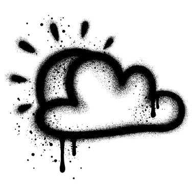 Siyah sprey boyalı güneş ve bulut grafitileri. vektör illüstrasyonu.