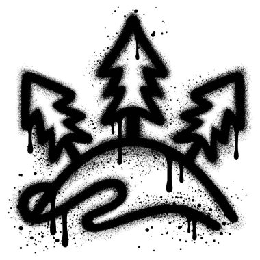 Dağların grafitisi ve siyah sprey boyalı çam ağaçları.