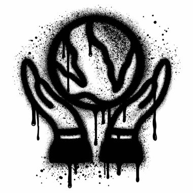 Dünya gezegeni, insan eliyle graffiti tarzında. Ekoloji teması üzerine kavramlar ve semboller.