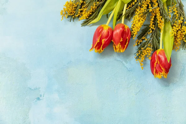Mimosa花蓝色背景 妇女日 母亲节 情人节 生日庆祝概念 问候卡 从上面看复制空间 — 图库照片