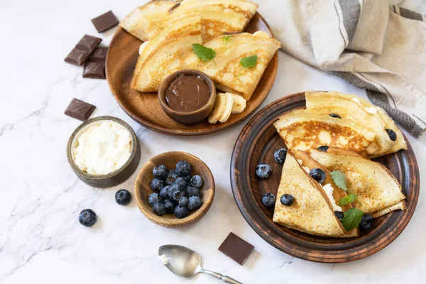 Celebrating Pancake Day Healthy Breakfast Delicious Homemade Crepes Chocolate Caramel — Stock Photo, Image
