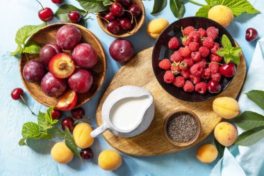 Sağlıklı bir içecek için gerekli malzemeler. Süt ve böğürtlen (ahududu, kiraz, erik, kayısı) bir taş masanın üstünde. Sağlıklı beslenme, çiğ gıda diyeti ve vegan gıda konsepti. Yukarıdan görüntüle.
