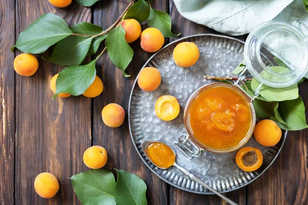 Homemade Preservation Delicious Apricots Jam Jelly Rustic Wooden Table View — Stock Photo, Image