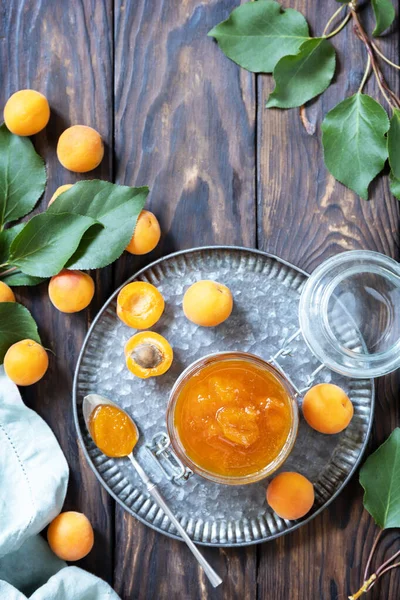 Homemade Preservation Delicious Apricots Jam Jelly Rustic Wooden Table View — Stock Photo, Image