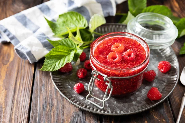 Homemade Preservation Delicious Raspberries Jam Jelly Rustic Wooden Table Copy — Stock Photo, Image