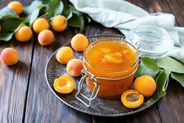 Homemade Preservation Delicious Apricots Jam Jelly Rustic Wooden Table Copy — Stock Photo, Image