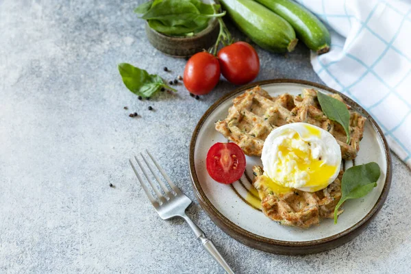 Spinach Zucchini Vegan Waffles Poached Egg Stone Tabletop Concept Dietary — Stock Photo, Image