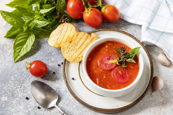 清汤浓汤西红柿 素食健康饮食 一碗番茄酱汤配罗勒和克罗顿放在石桌上 — 图库照片