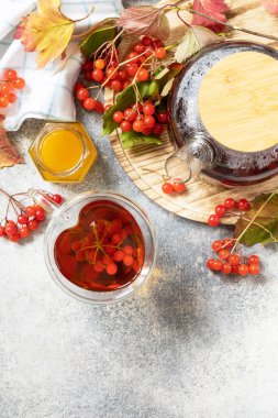 Sonbahar çayı, mevsimlik meyveli içecek. Viburnum ve bir fincan sağlıklı viburnum çayı ve taş bir masanın üzerinde bal. Yukarıdan bak. Boşluğu kopyala