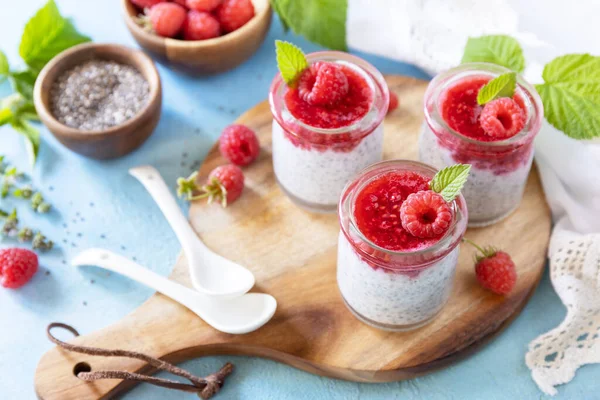 Healthy Breakfast Chia Seed Pudding Raspberry Jam Smoothies Chia Seeds — Stock Photo, Image