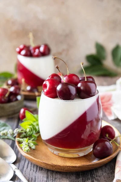 Panna Cotta Sweet Cherry Jelly Rustic Table Italian Dessert Homemade — Stock Photo, Image