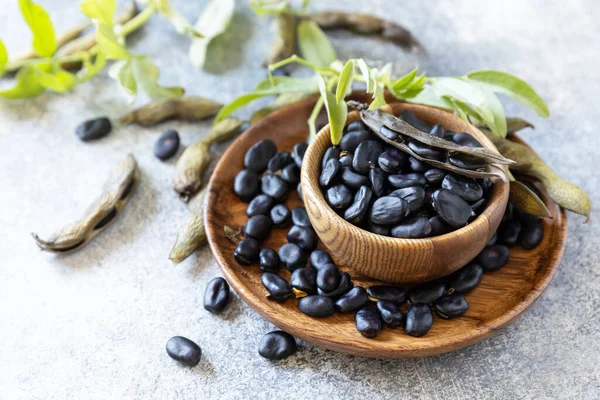 有機食品 ビーガンやダイエット食品の概念 石の背景に新鮮な熟した黒豆 — ストック写真