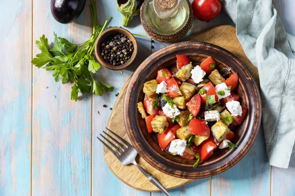 Healthy Diet Low Carb Salad Grill Eggplants Tomatoes Feta Cheese — Stock Photo, Image