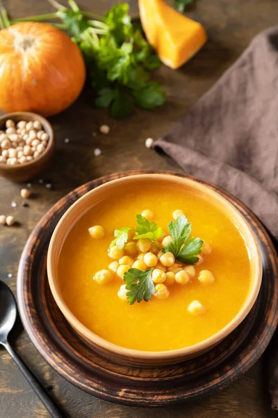 Vegetarian Pumpkin Chickpea Cream Soup Rustic Wooden Table Comfort Food — Stock Photo, Image