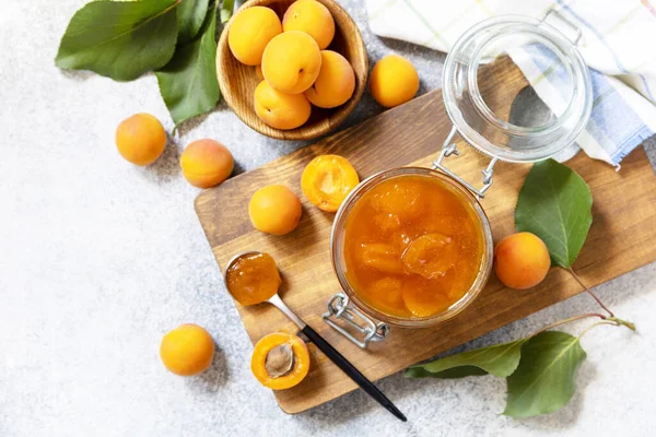 Delicious Apricots Jam Jelly Stone Table Homemade Preservation View — Stock Photo, Image