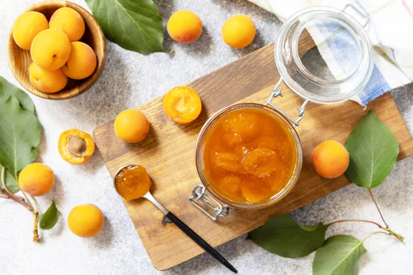 Homemade Preservation Delicious Apricots Jam Jelly Stone Table View — Stock Photo, Image