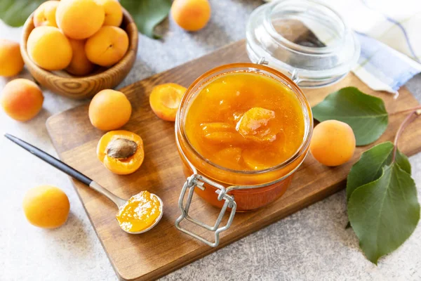 Homemade Preservation Delicious Apricots Jam Jelly Stone Table — Stock Photo, Image