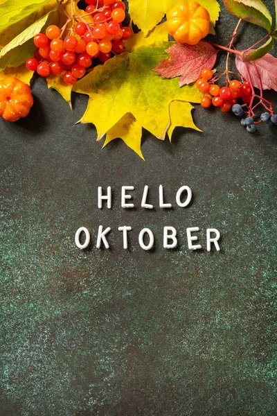 Olá Texto Outubro Composição Outono Com Folhas Coloridas Abóboras Bagas — Fotografia de Stock