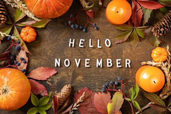 Текст ноября, осенний сезон. Поздравительная открытка, опавшие листья, тыквы и шишки на деревянной доске. Осенний природный фон. Вид сверху